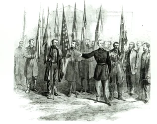 General Custer presenterade fångade konfedererade flaggor i Washington den 23 oktober 1864